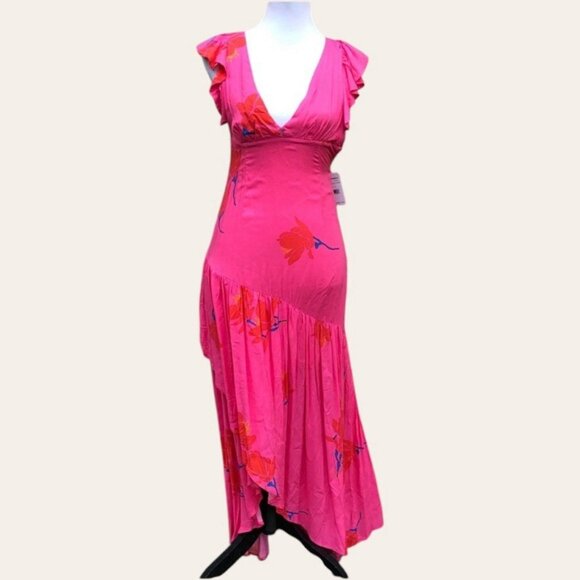 Free People Tropical Hawaiian Hibiscus Hot Pink Floral Maxi  Drtess Sz 4 # 1513 - Picture 5 of 13